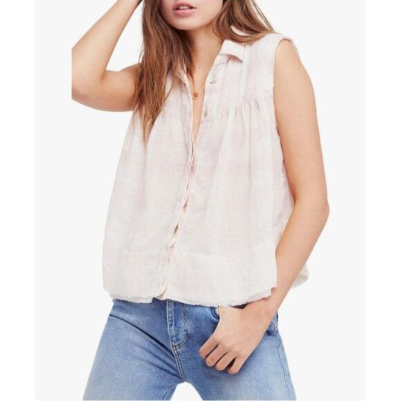 Free People Tops - Free People Large Hey There Sunshine Boho Button Front Raw Hem Beachy Casual Top